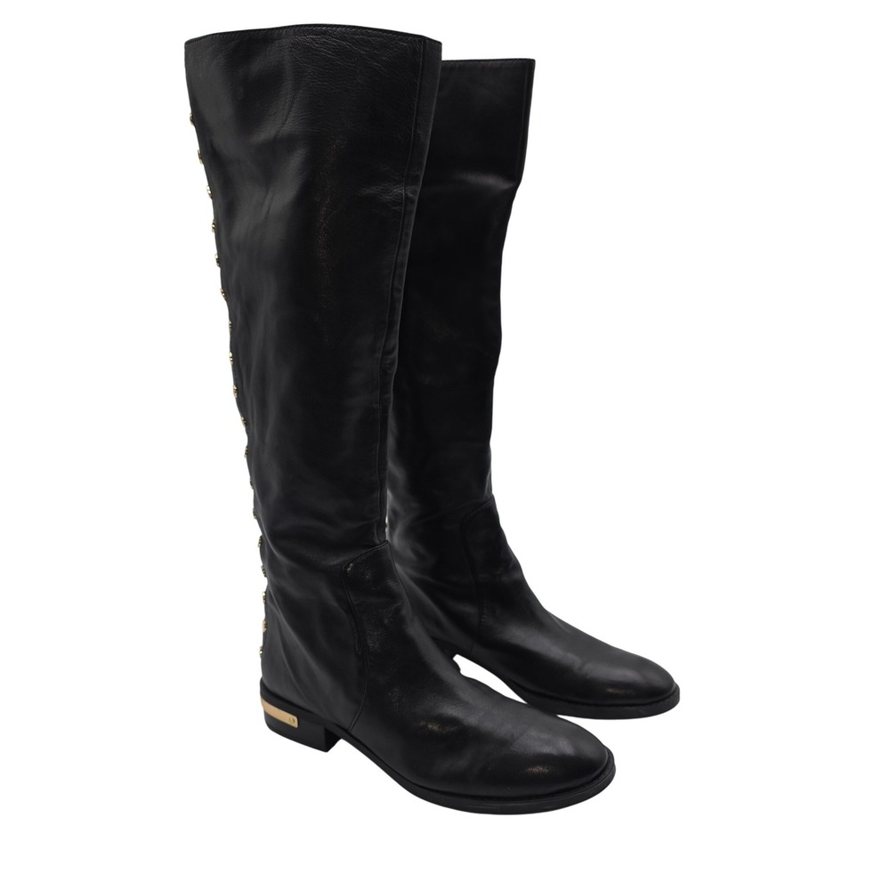 Vince Camuto Black Leather‎ Tall Knee High Boots Zip Gold Studded Women 6.5M